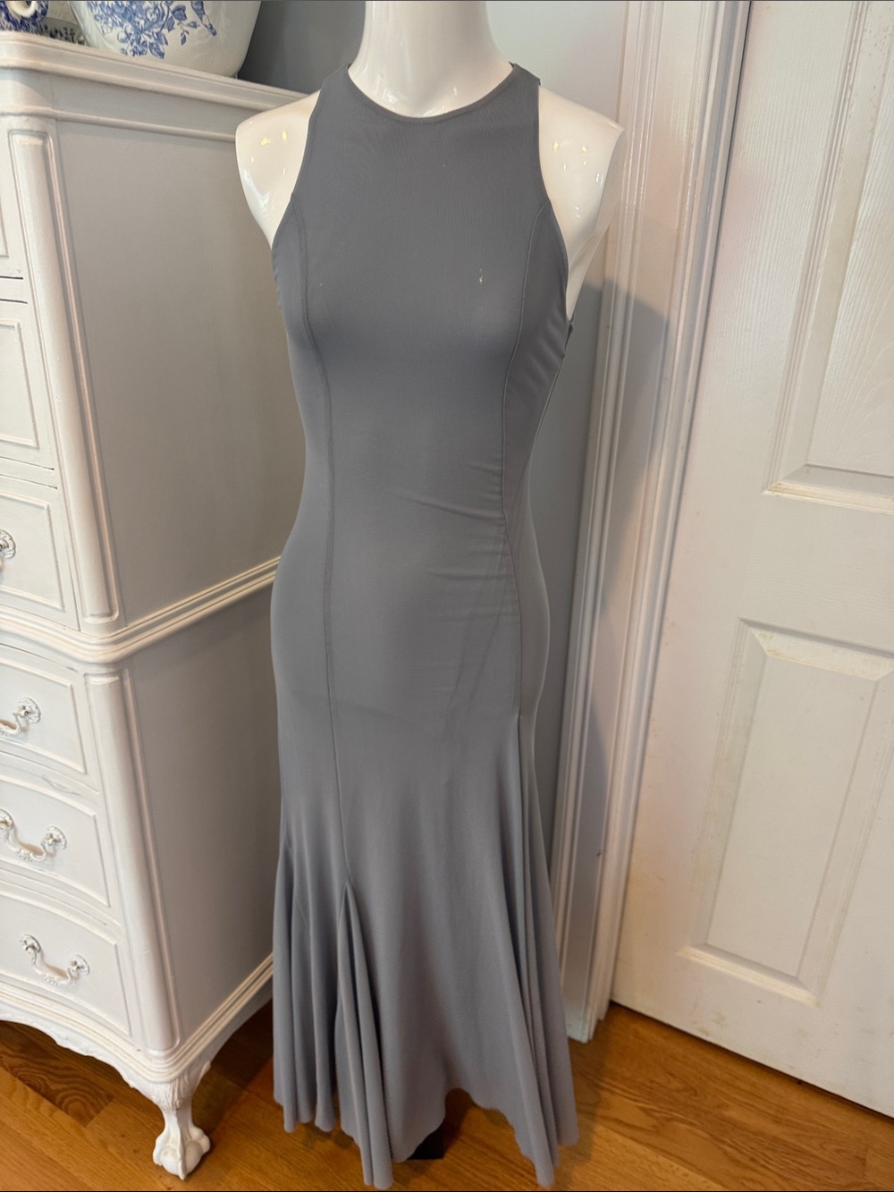 Zara Gray Sleeveless Fitted Flare Maxi Dress
